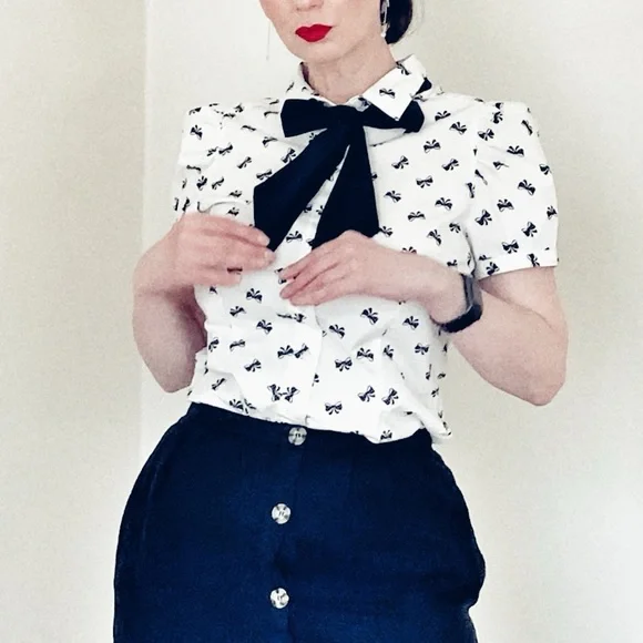 💄Retro Pinup 50s 40s Inspired Puff Sleeve Bow Blouse💋 - Picture 3 of 8